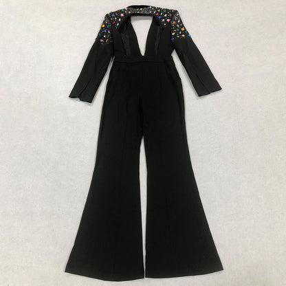 V Neck Long Sleeve Colorful Rhinestone Bodycon Jumpsuit HL9540