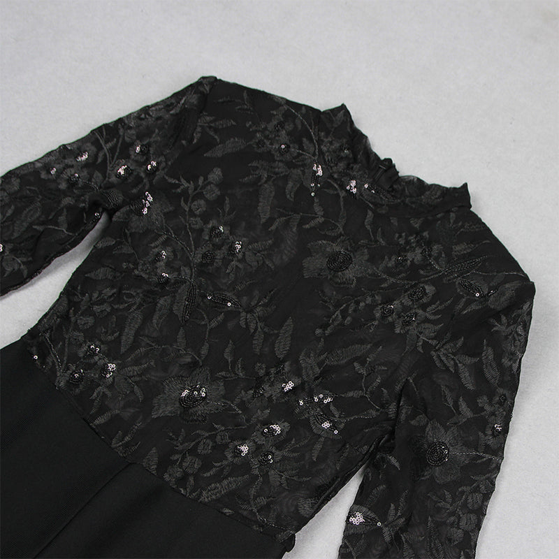 Semi-High Collar Long Sleeve Lace Embroidery Bandage Jumpsuit HL95621