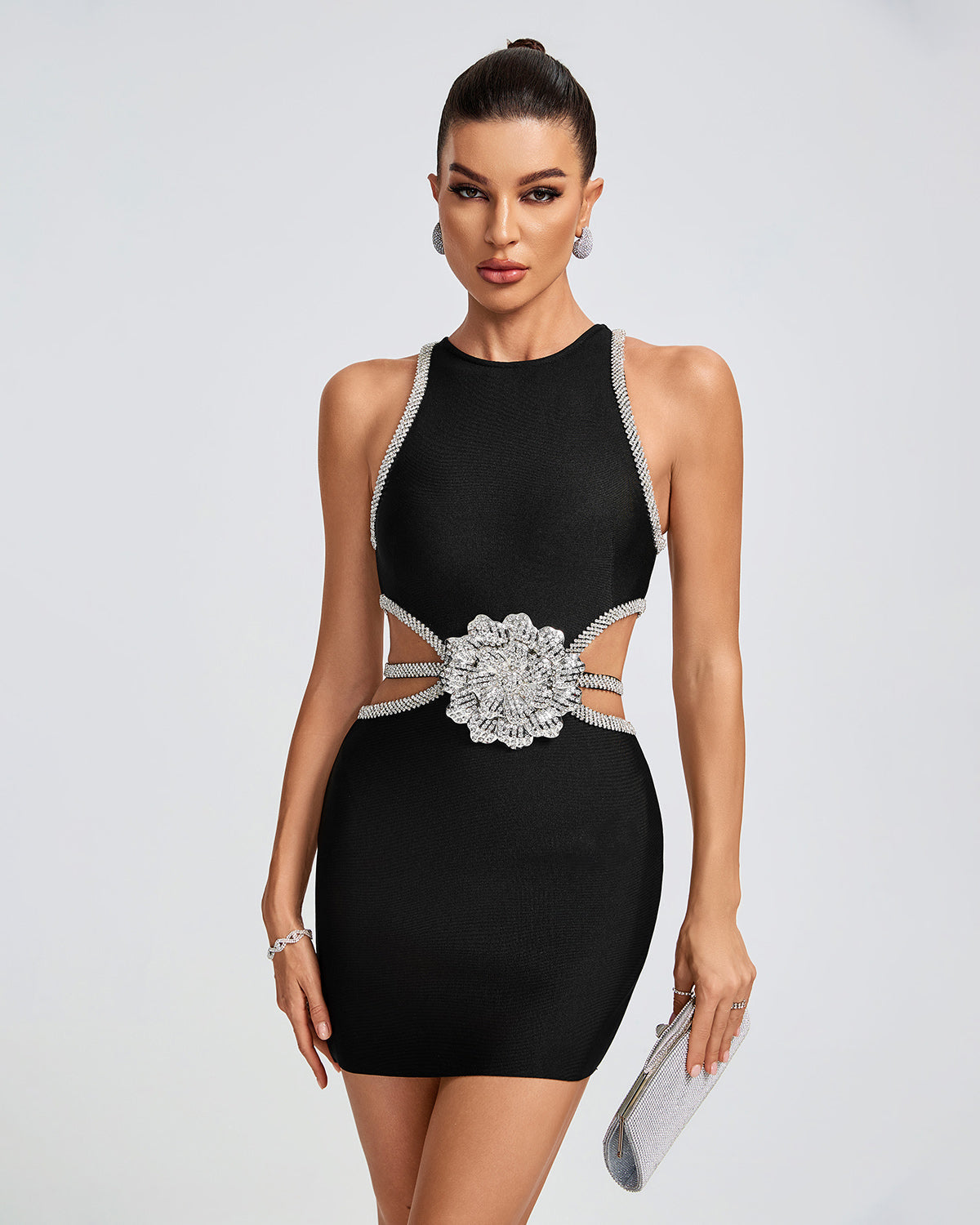 Cutout Rhinestone Flower Mini Bandage Dress