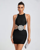 Cutout Rhinestone Flower Mini Bandage Dress