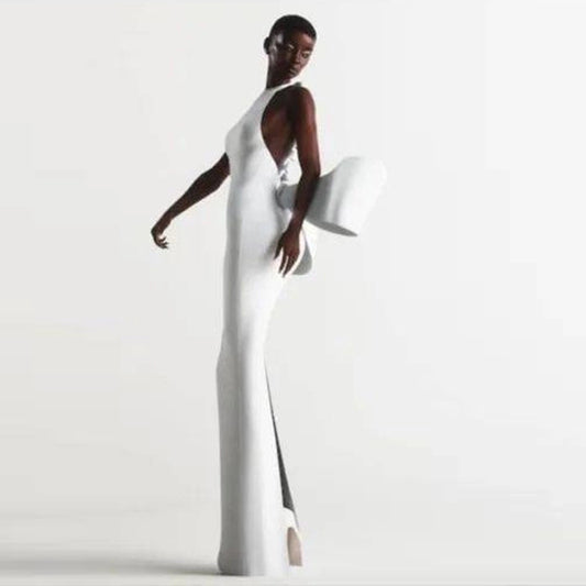 White Halter Neck Backless Maxi Tube Dress with Big Bowknot