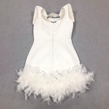 High Neck Sleeveless Feather Mini Bandage Dress HL9754