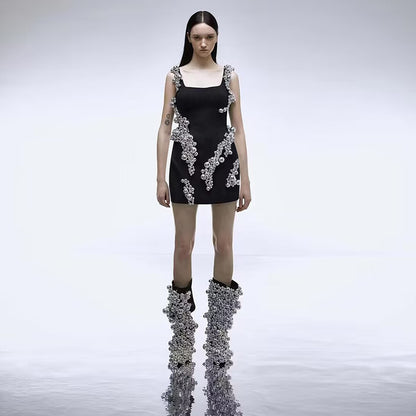 Black Mini Bandage Corset Dress with Big Beads