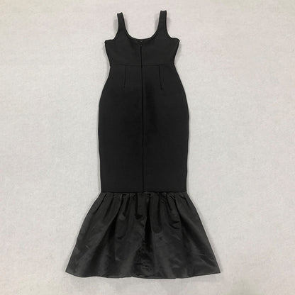 Black Sleeveless Square Neck Pearl Fishtail Dress