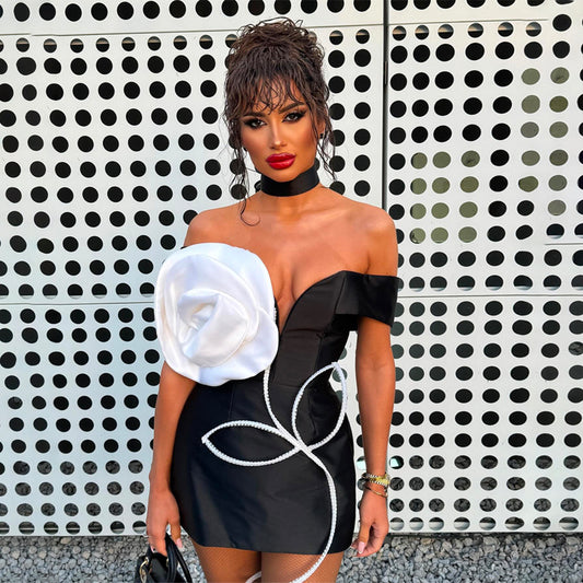 Black White Floral Off Shoulder Mini Dress