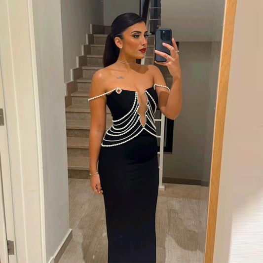Pearl Off Shoulder Black Dress