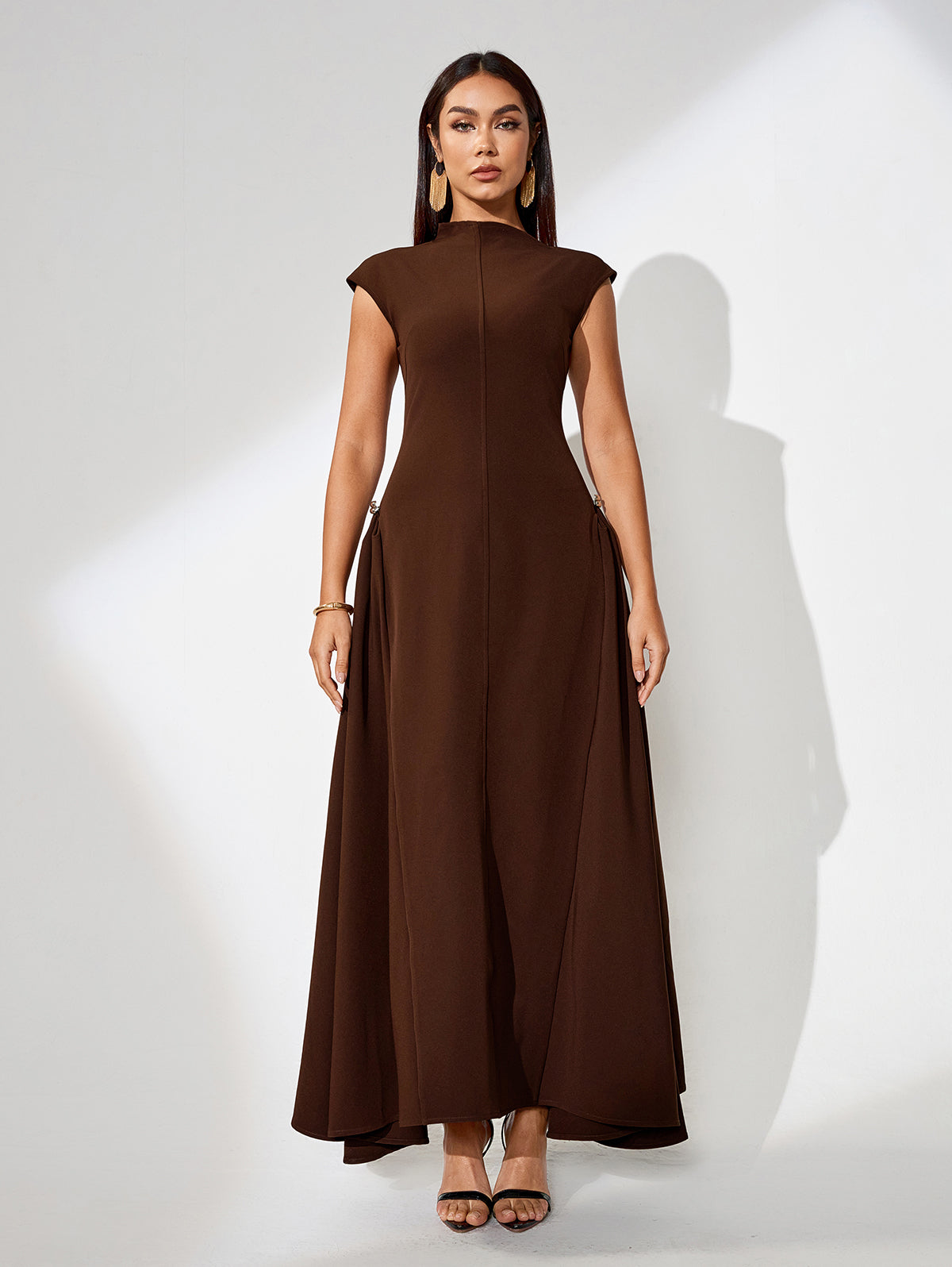 Skew Collar Pure Color Maxi Dress