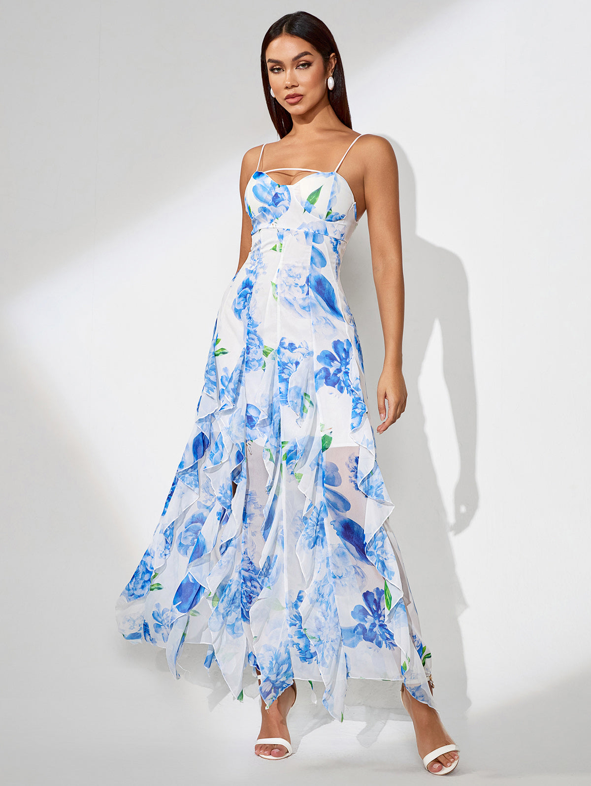Blue Print Floral Vertical Ruffle Long Dress