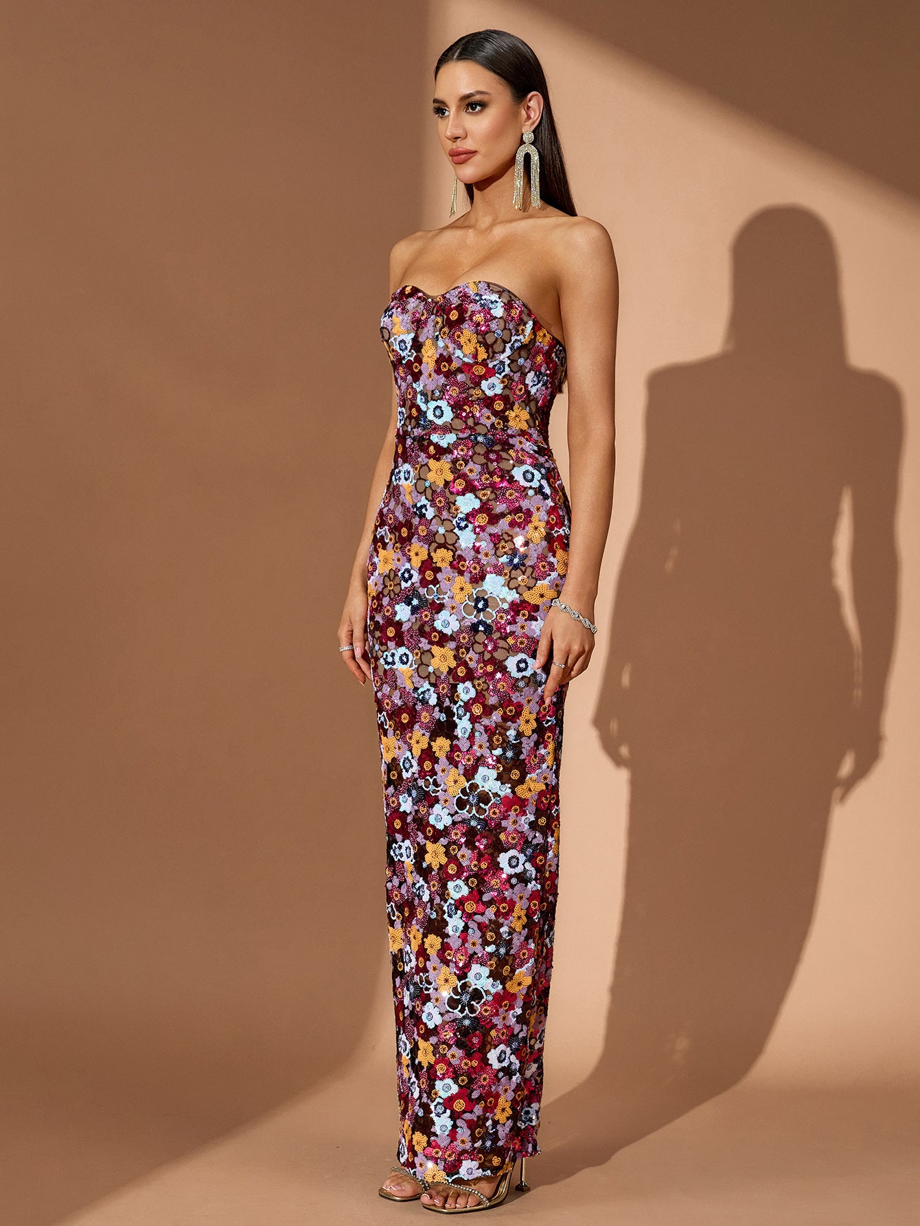 Strapless Floral Bustier Sequins Maxi Dress