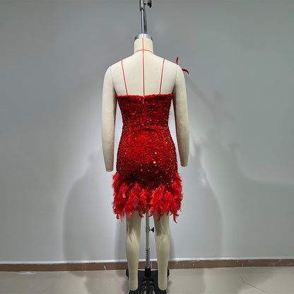 Strapless Sleeveless Feather Mini Bodycon Dress HT10150