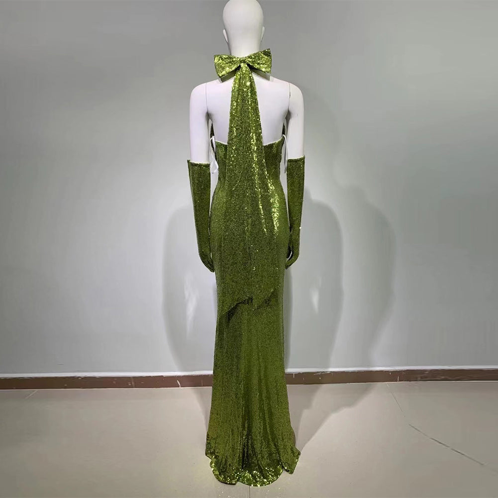Halter Sleeveless Sequins Maxi Bodycon Dress HT1063