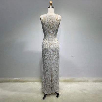 Round Neck Sleeveless Sequins Maxi Bodycon Dress HT11210