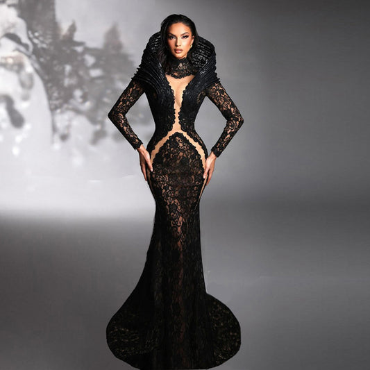 Black Lace Mermard Gown Sexy Hollow Out