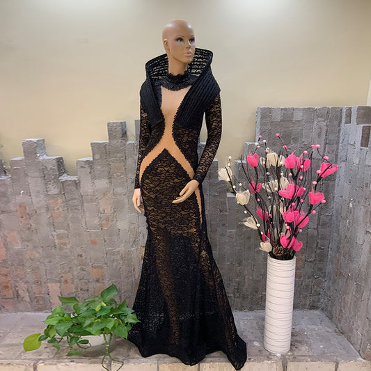 Black Lace Mermard Gown Sexy Hollow Out