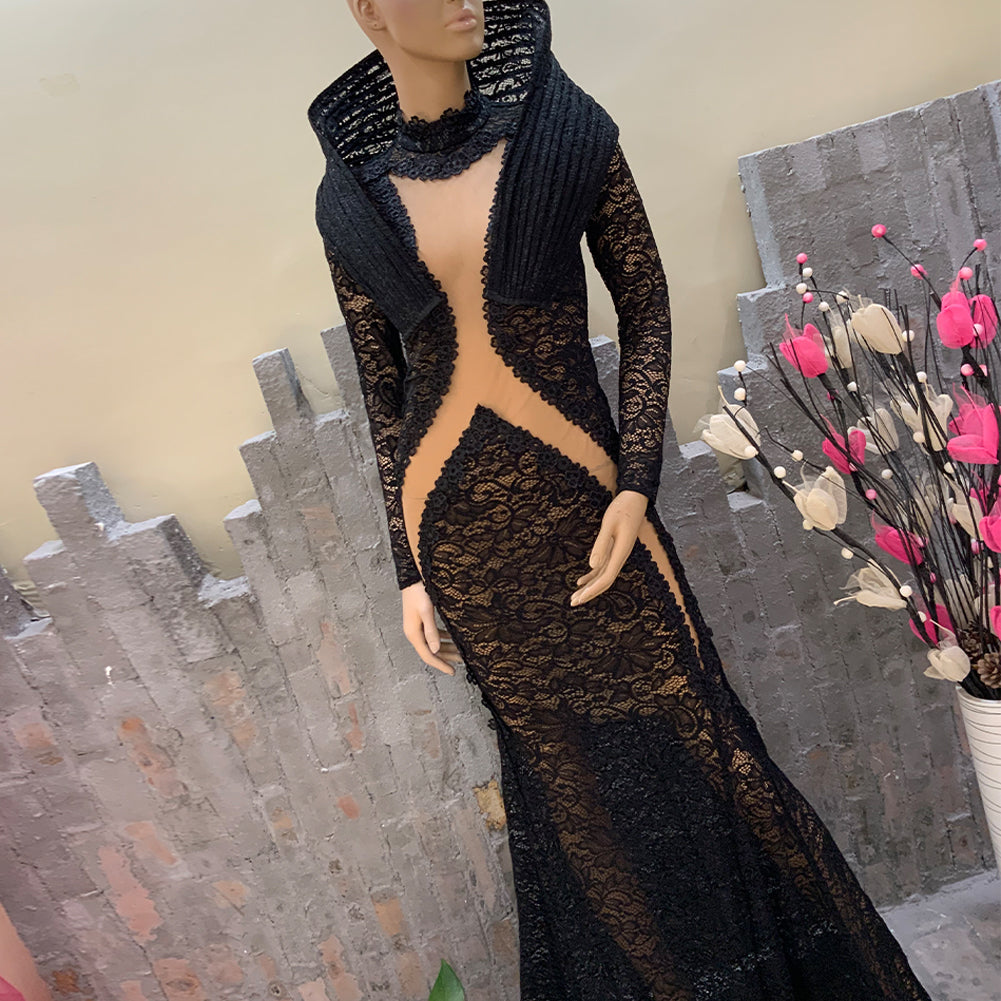 Black Lace Mermard Gown Sexy Hollow Out