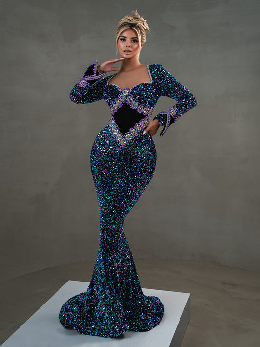 Ornate Blue Crystal Mermaid Dress