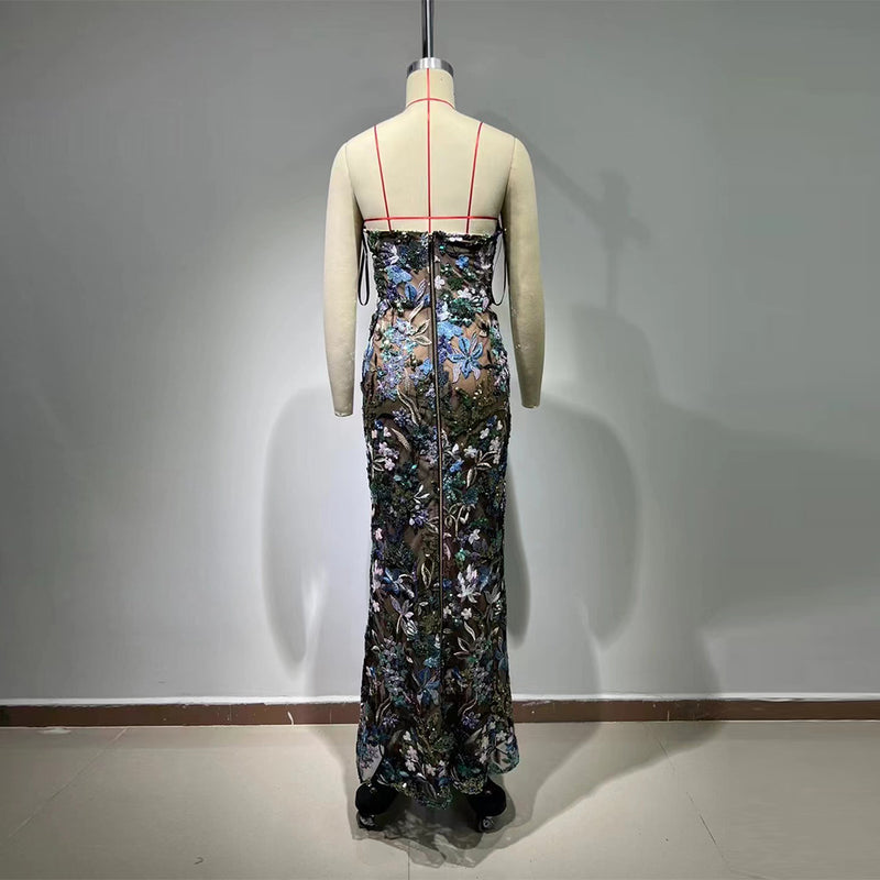 Strapless Sleeveless Embroidery Maxi Bodycon Dress HT20350