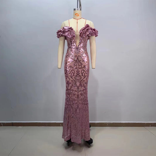 Pink See-Through Crystal Maxi Dress