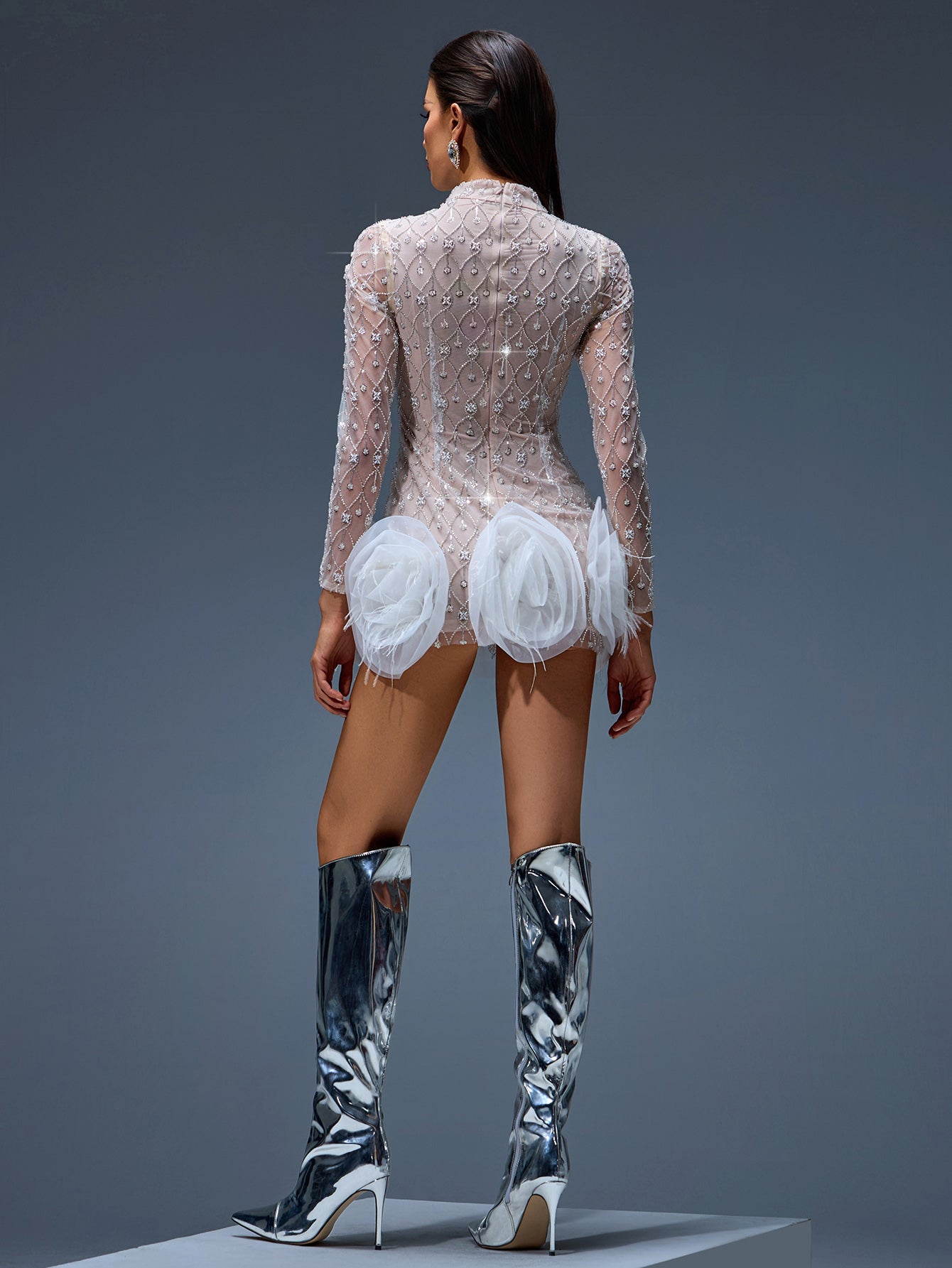 Beaded Mesh Floral Hem Mini Dress