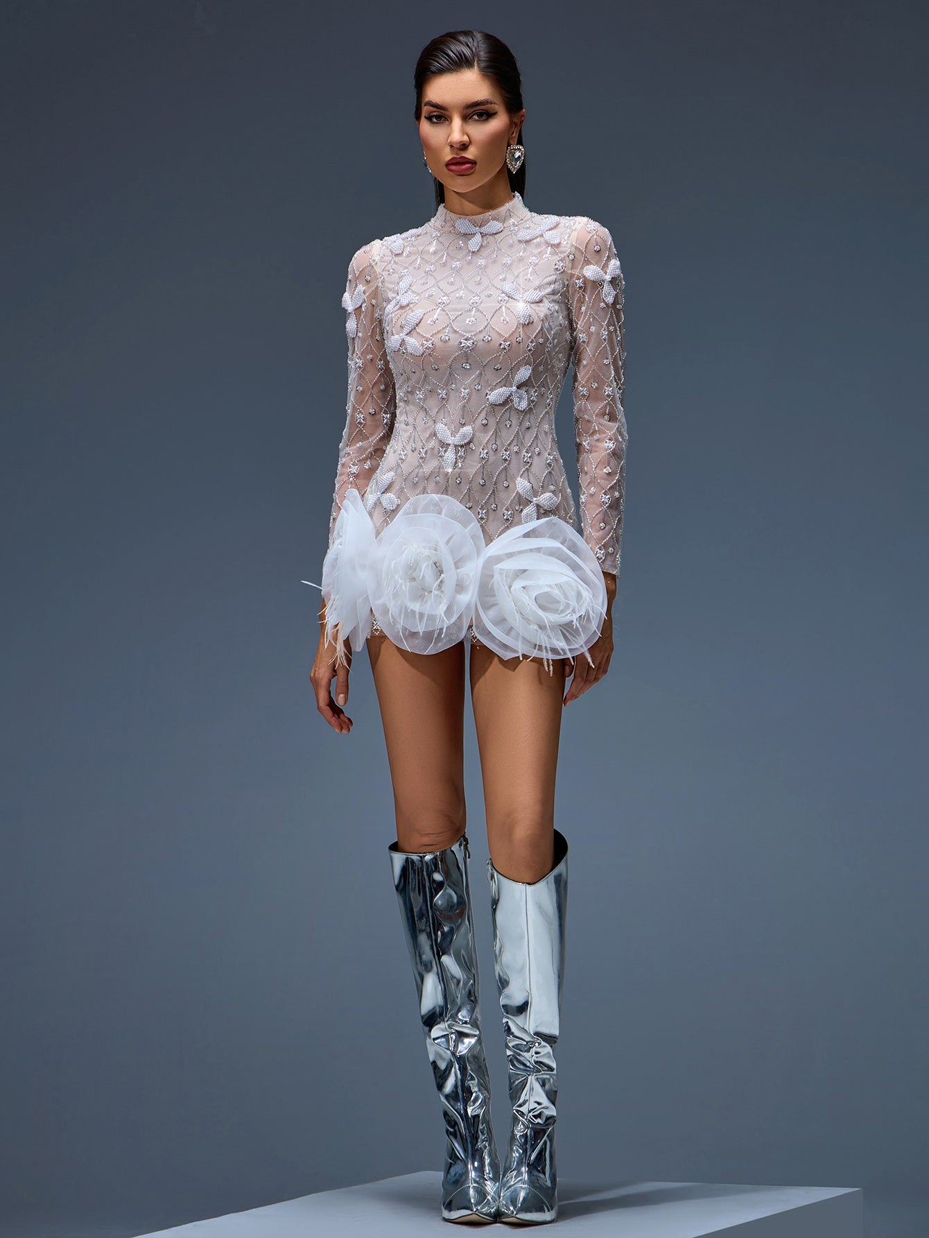 Beaded Mesh Floral Hem Mini Dress
