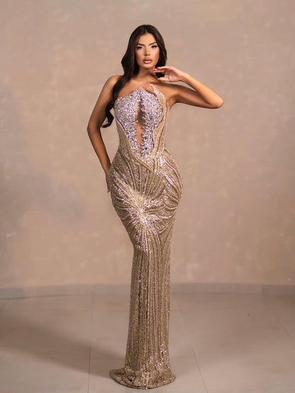 Gold Sleeveless Shimmering Spangle Dress
