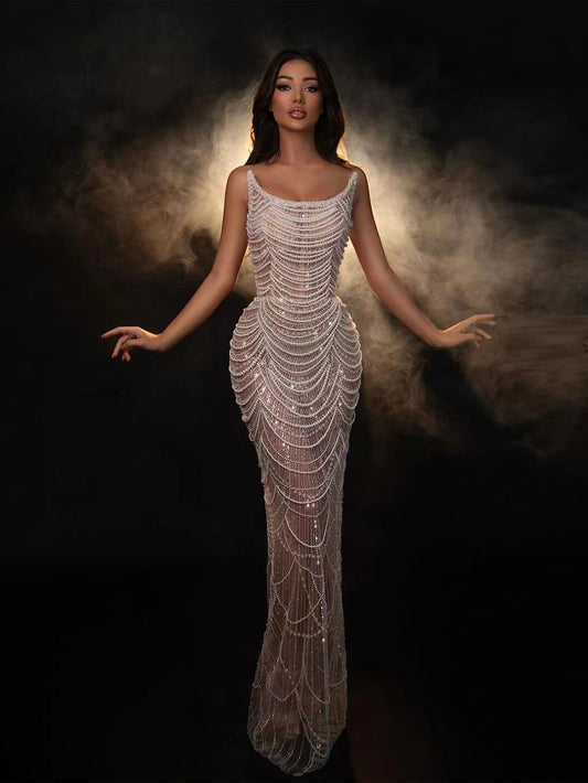White Pearl Throughout Strappy Long Dress