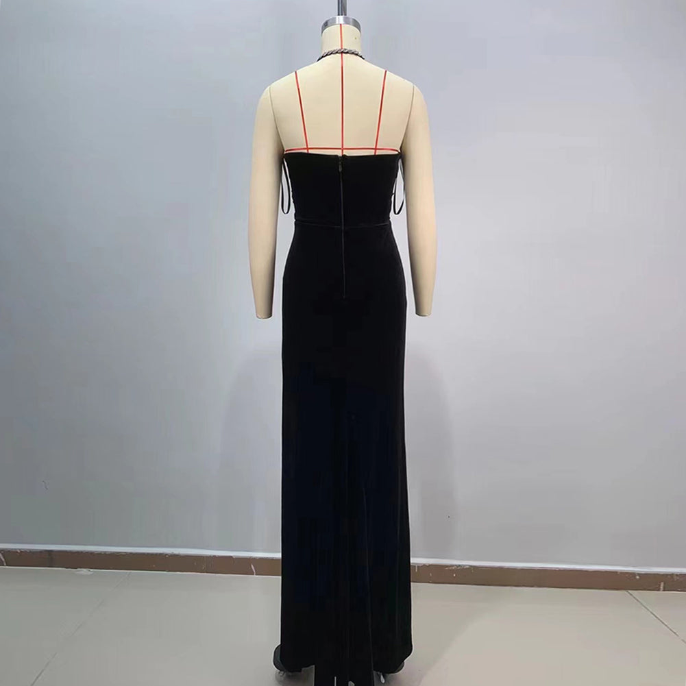 Black Silver Halter Side Slit Maxi Bodycon Dress