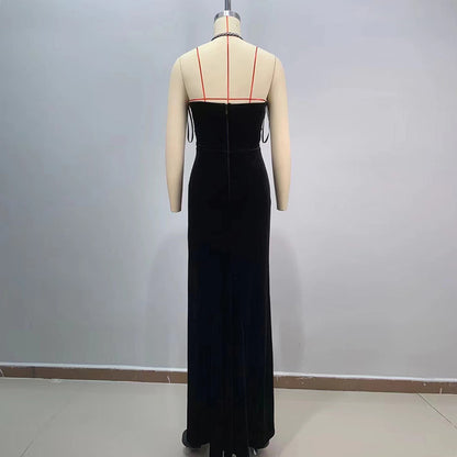 Black Silver Halter Side Slit Maxi Bodycon Dress