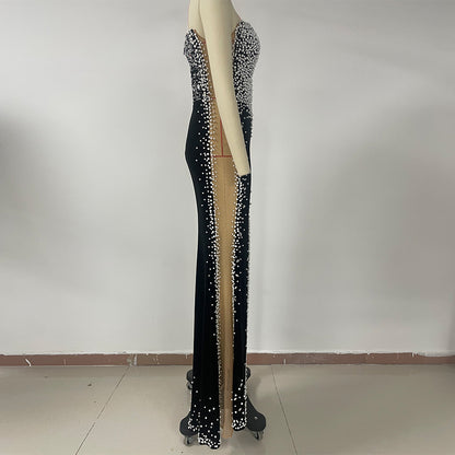 Black Silver Glittering Sequins Strapless Splits Gown