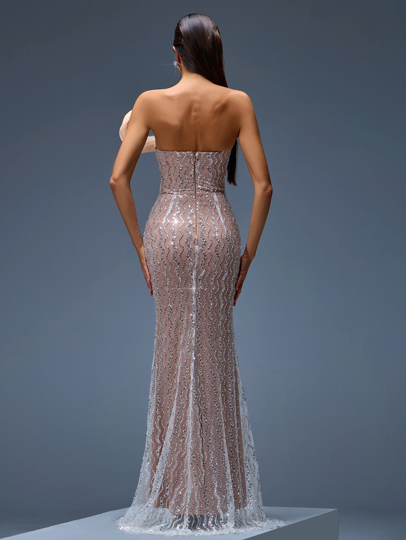Rhinestone Ripple Ruffled Maxi Gown