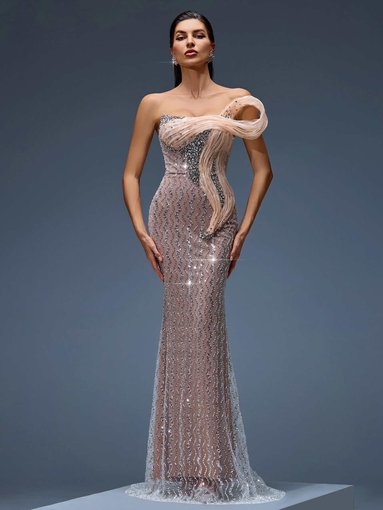Rhinestone Ripple Ruffled Maxi Gown