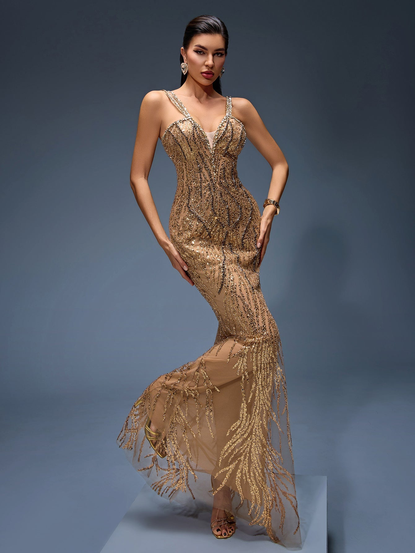 Heavy Crystal Embroidered Evening Dress