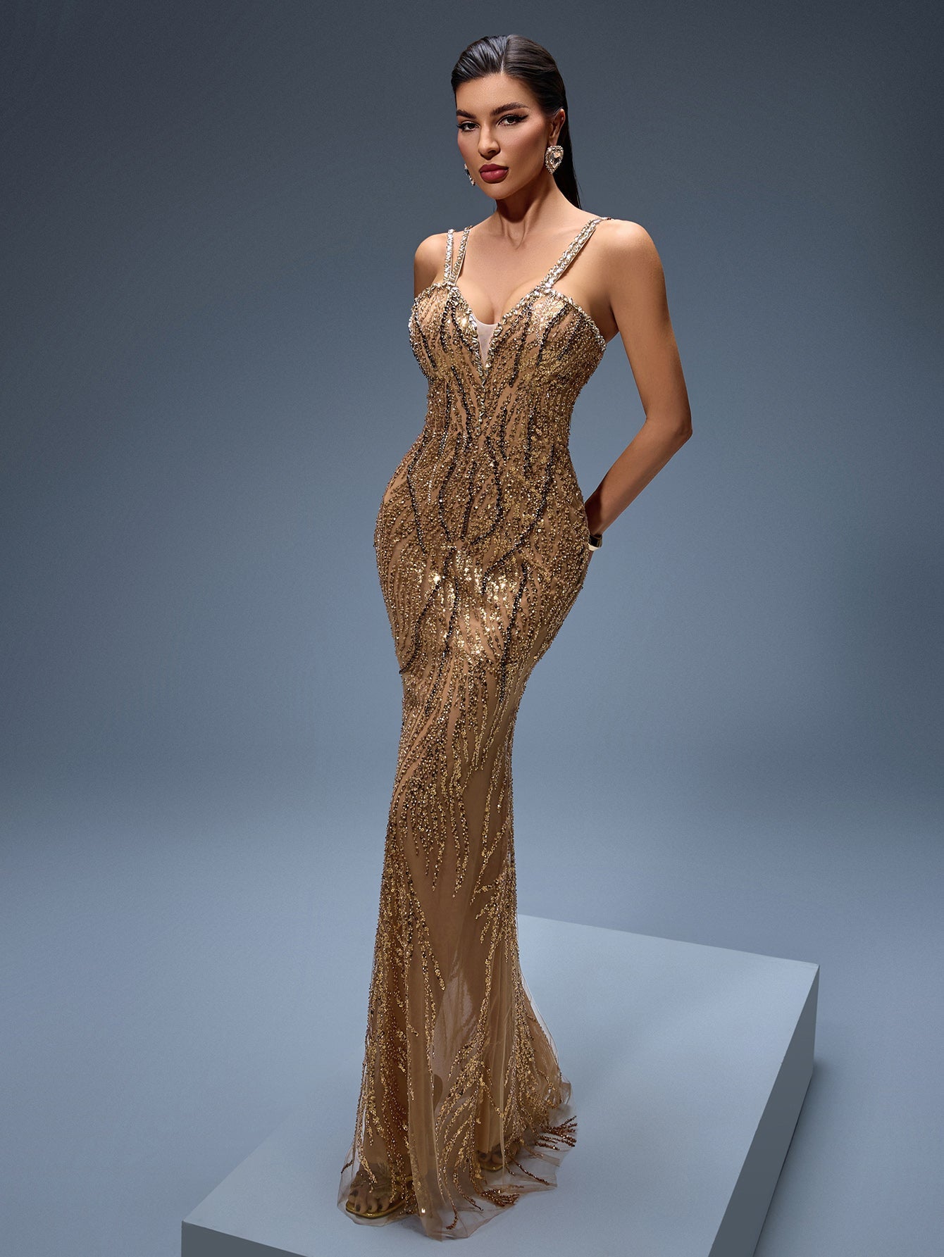 Heavy Crystal Embroidered Evening Dress