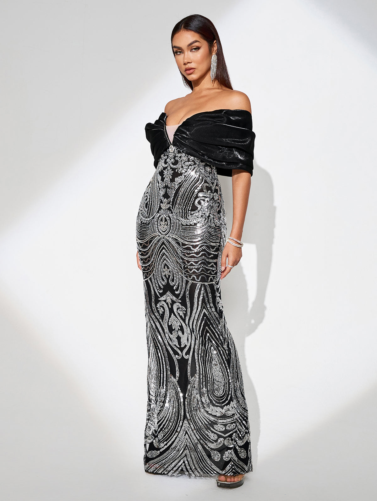 Off Shoulder Sequins Evening Dress