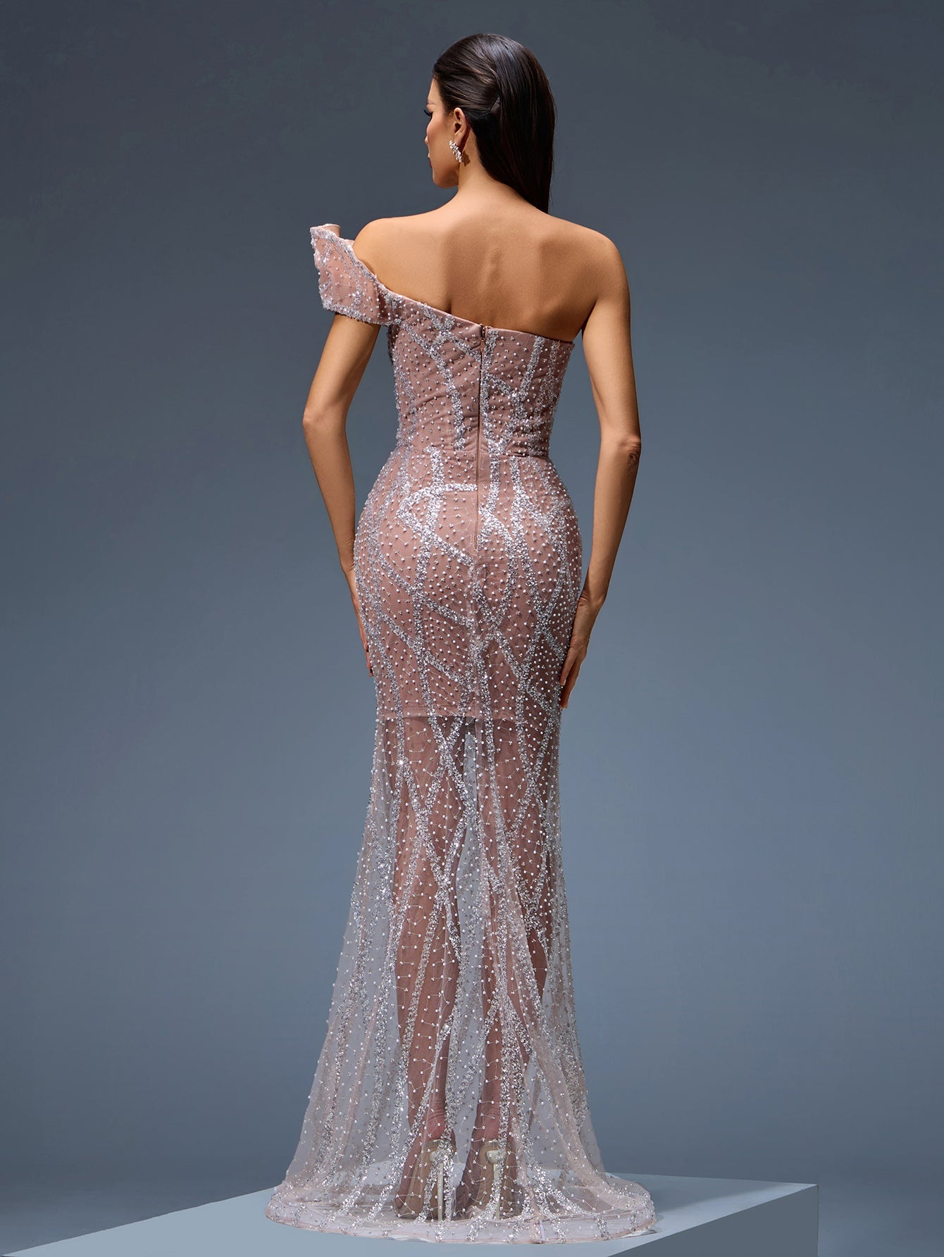 Sequin Detail Beaded Mesh Evening Gown