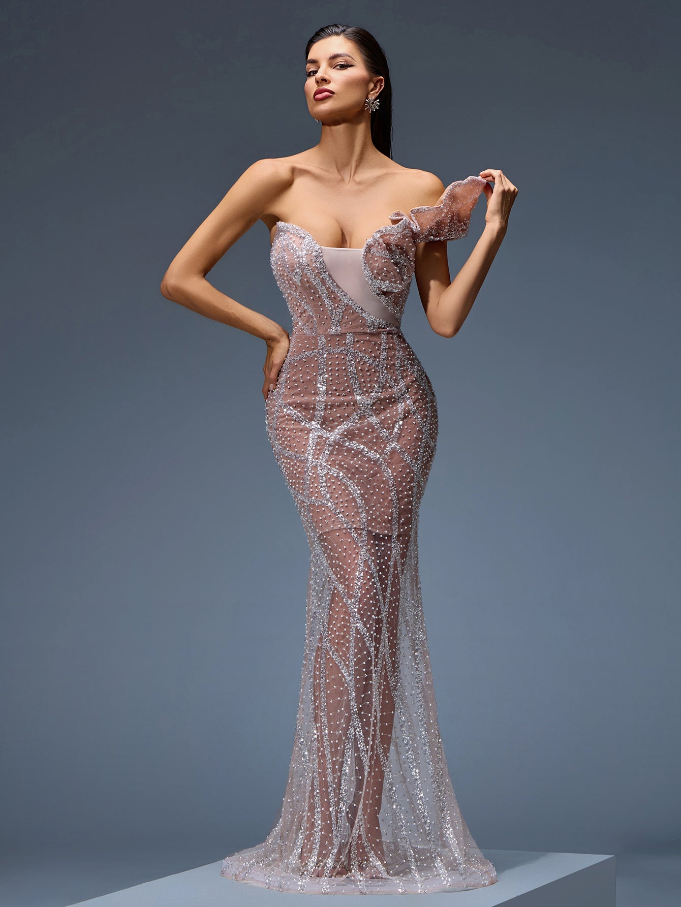 Sequin Detail Beaded Mesh Evening Gown