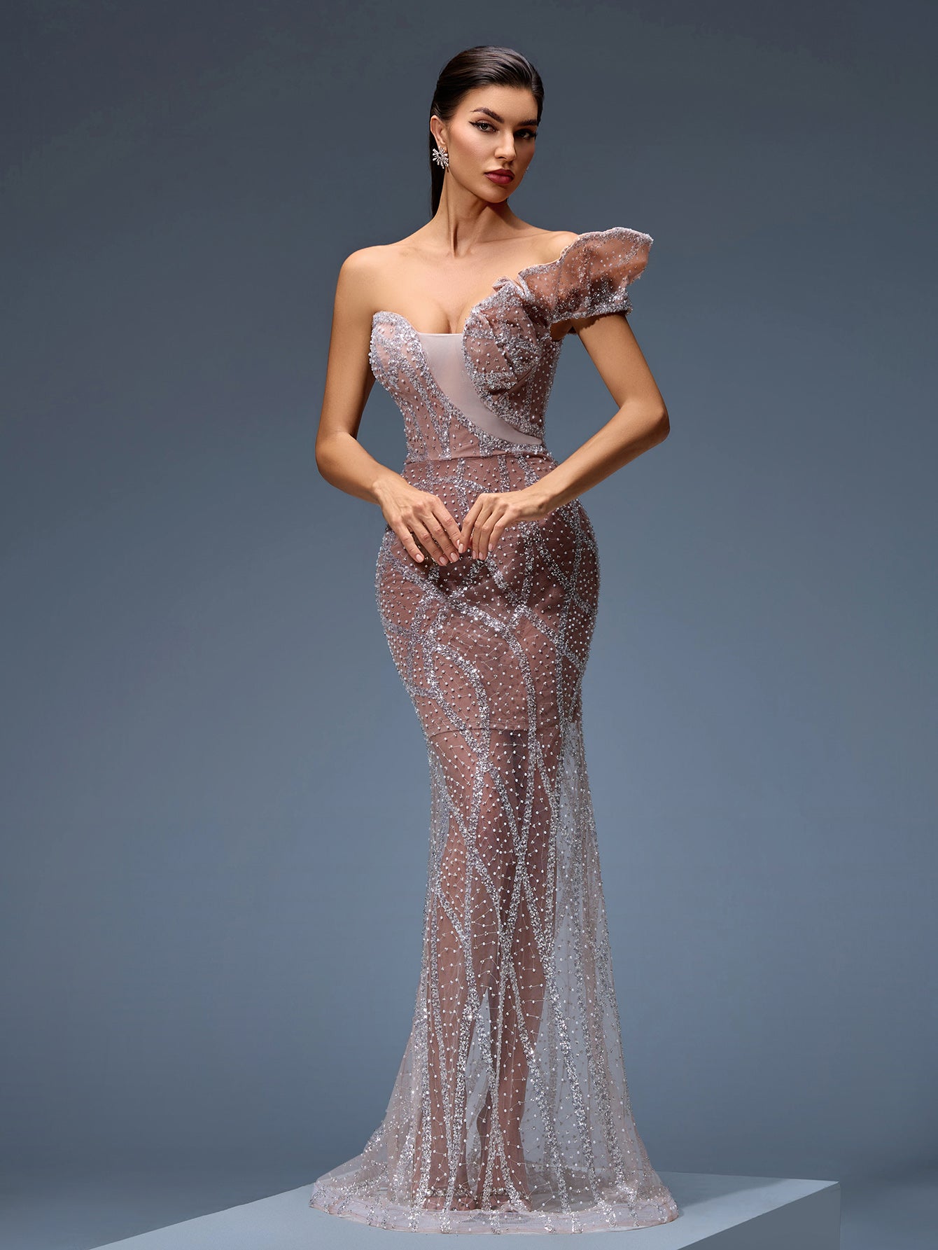 Sequin Detail Beaded Mesh Evening Gown