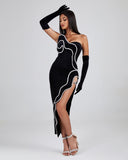 Asymmetric Backless Velvet Dress With Gloves