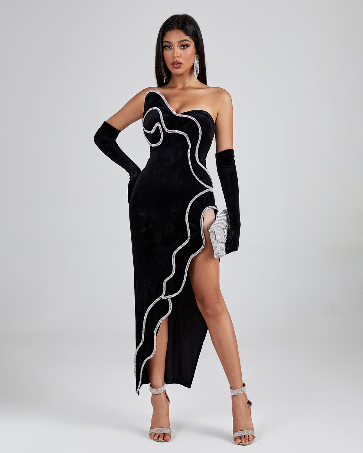 Asymmetric Backless Velvet Dress With Gloves