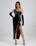 Asymmetric Backless Velvet Dress With Gloves