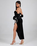 Asymmetric Backless Velvet Dress With Gloves