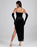 Asymmetric Backless Velvet Dress With Gloves