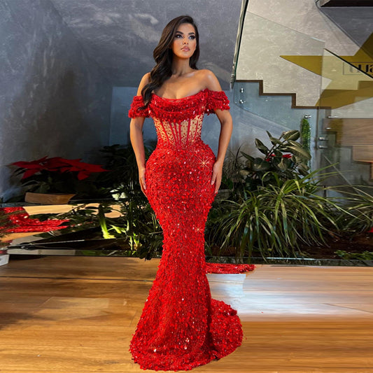 Red Off Shoulder Rhinestone Mermaid Gown