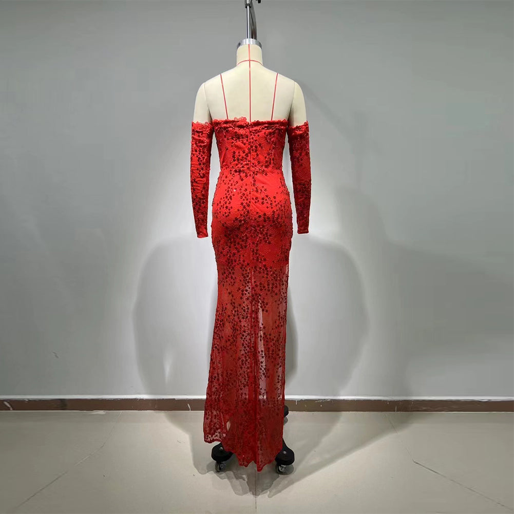 Off Shoulder Long Sleeve Sequins Maxi Bodycon Dress HT963