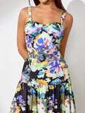 Watercolor Printed Ruffle Maxi Dress