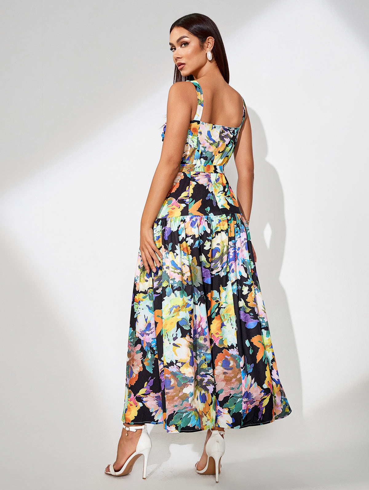 Watercolor Printed Ruffle Maxi Dress