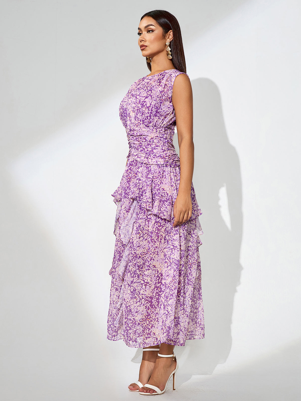 Floral Print Vertical Pleated Maxi Dress