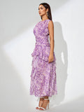 Floral Print Vertical Pleated Maxi Dress