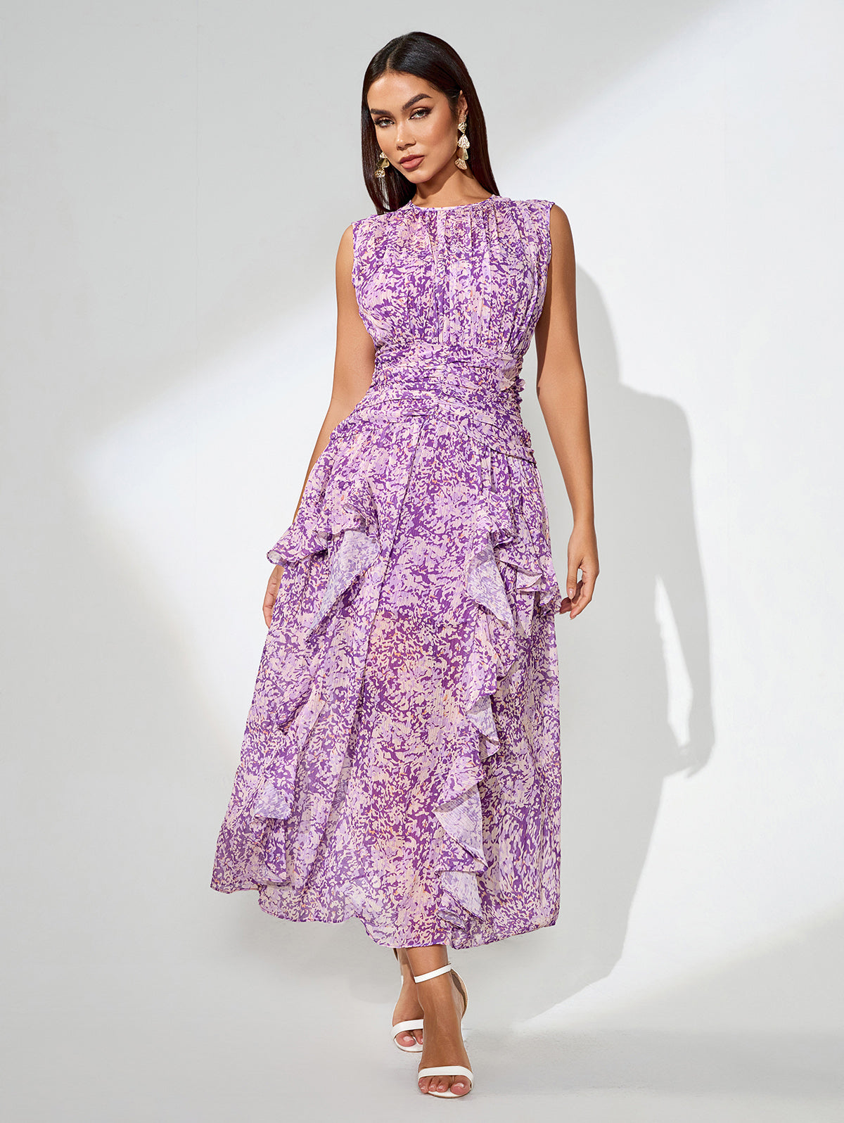 Floral Print Vertical Pleated Maxi Dress