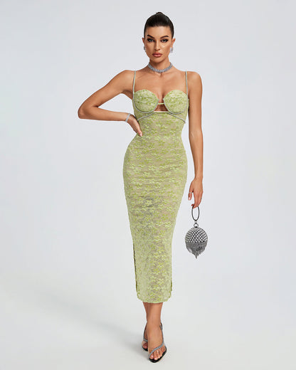 Lace Floral Crystal Chain Bustier Midi Dress